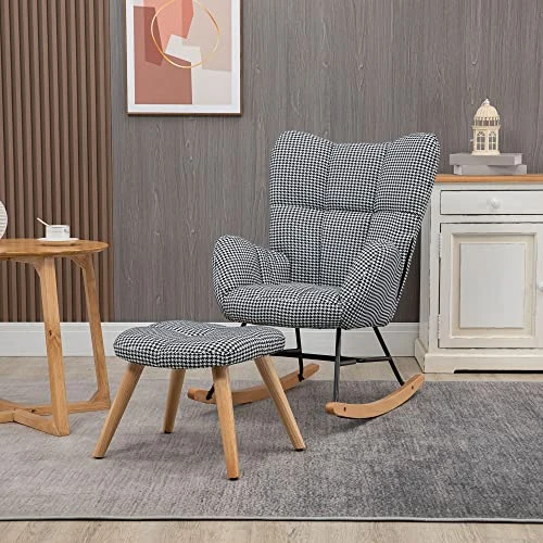 HOMCOM Glider Rocker With Ottoman Set, Houndstooth Nursery Rocking Chair, Upholstered Wingback Armchair For Living Room And Bedroom - Image 2
