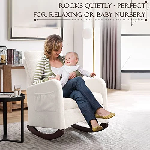 Obuvar Upholstered Rocking Chair For Nursery, Accent Glider Rocker With Two Pockets, Comfy Armchair With Tall Backrest And Double Layer Cushion, Baby Nursery Glider For Living Room, Bedroom (White) - Image 4