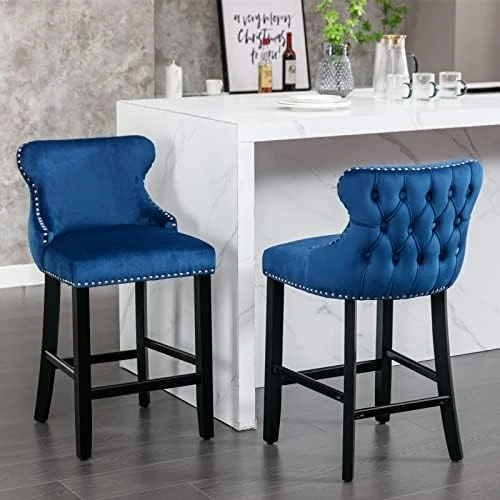 LZ LEISURE ZONE Counter Height Bar Chairs Set Of 2, Velvet Upholstered Bar Stools With Button Tufted Decoration, Chrome Nailhead Trim And Back Ring, Seat Height 27.2" (Light Blue) - Image 10