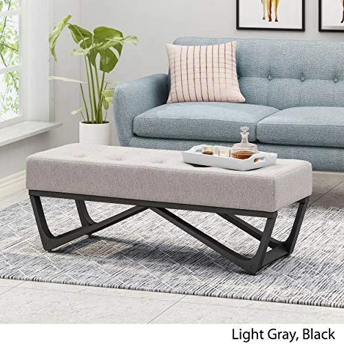 Great Deal Furniture Emily Contemporary Fabric Ottoman Bench, Light Gray And Black - Image 2