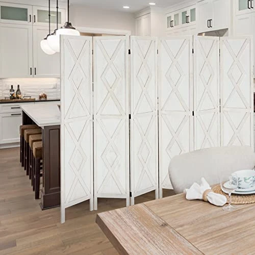 Wnutrees 6 Panel Wood Room Divider,Rustic Folding Privacy Screens Room Divider, Farmhouse Freestanding Partition Wall Dividers Screen,Temporary Wall For Home Restaurant Bedroom (White) - Image 5