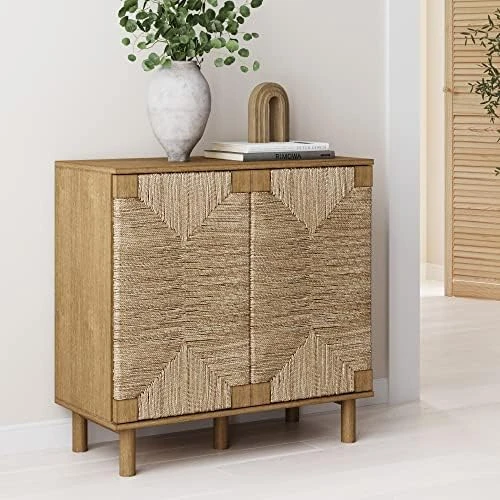Nathan James Kova Accent Natural Storage Cabinet Sideboard Wood And Rattan With Matte Metal Frame, Adjustable Interior Shelves And Cane Doors, For Hallway, Entryway Or Living Room, Light Oak/Black - Image 6