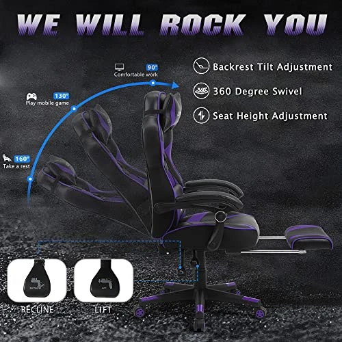 Purple Gaming Chair, Reclining Computer Chair With Footrest, High Back Gamer Chair With Massage, Large Computer Gaming Chair, Racing Style Desk Chair For Gaming, Big And Tall Gaming Chairs For Adults - Image 2