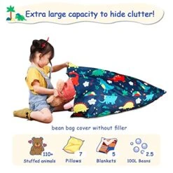 Jorbest Stuffed Animal Storage Bean Bag Chair For Kids And Adults, Bean Bag Stuffed Animal Storage, Dinosaur Bean Bag Chair Cover For Kids, Dinosaur Bean Bag - Cover ONLY (200L/52 Gal)