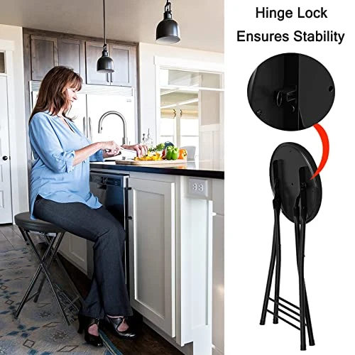 QQXX Folding Stool With Footrest,Portable Collapsible Bar Stool,Leather Padded Foldable Stool Round Stool For Outdoor/Indoor Camping Fishing Kitchen Dorm Rec Room(Seat Height 24.8inch, Black) - Image 3