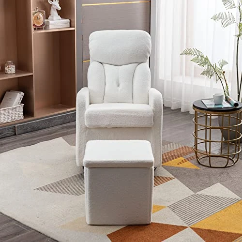 Taiweny Swivel Rocking Chair With Storage Ottoman, Teddy Fabric Upholstered Glider Rocker Sherpa Boucle Armchair And Folding Foot Stool For Nursery, Bedroom, Living Room (White) - Image 3