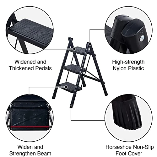 FORIVE 3 Step Ladder Folding Stool With Anti-Slip Wide Pedal, Aluminum Lightweight Portable Stairs, Multi-use Foldable Shelf For Home Office, Black - Image 4