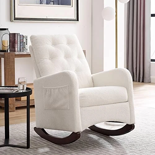 JEEOHEY Nursery Rocking Chair, Modern Upholstered Button Tufted Fabric Rocker Glider Chairs Single Sofa Armchair W/Solid Wood Legs, Side Pockets For Nursery Room, Living Room, Beige - Image 9