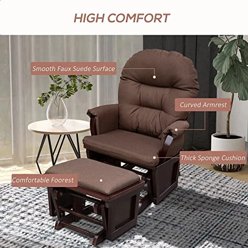 HOMCOM Nursery Glider Rocking Chair With Ottoman, Thick Padded Cushion Seating And Wood Base, Brown - Image 5