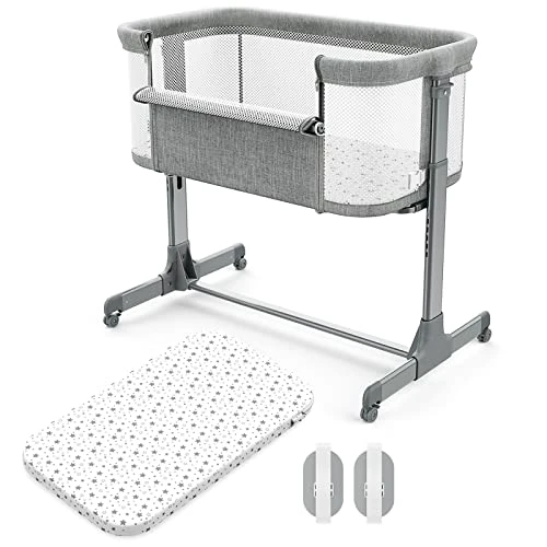VANCLE Baby Bassinet Bedside Crib For Baby Sleeper, Portable Mesh Bassinet With Wheels & Comfy Mattress, Height Adjustable Baby Bed For Infants & Newborn Baby Boy & Girl (Light Grey)