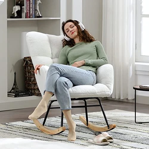 Krinana Teddy Fabric Nursery Rocking Chair, Rocker Armchair With Solid Wood Legs, Glider Chair Nursery With High Backrest For Living Room Apartment (Teddy Fabric, Ivory White) - Image 3