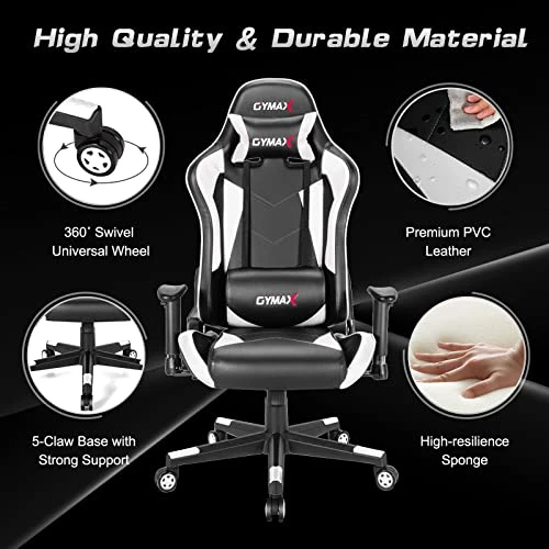 GYMAX Computer Gaming Chair, Racing Style Office Chair With Adjustable Lumbar Support Headrest, 360° Swivel, Height Adjustable Ergonomic Reclining Gaming Chair For Home Office Leisure Room (White) - Image 6