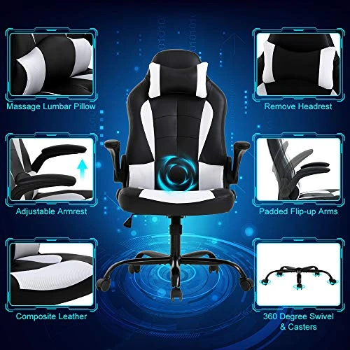 Gaming Chair Office Chair Desk Chair Massage Ergonomic High Back Computer Chair With Lumbar Support Flip-up Arms Headrest PU Leather Height Adjustable Swivel Executive Chair For Women Men Adult - Image 2