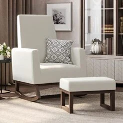 BELLEZE Modern Rocking Chair With Ottoman, Nursery Glider Rocker With Comfortable Padded Seat Solid Wood Base, Fabric Upholstery Arm Chair For Living Room Bedroom Baby Room - Felix (White)