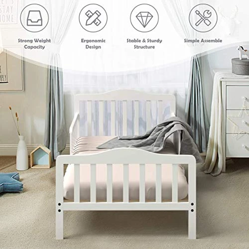 Costzon Toddler Bed, Classic Wood Kids Bed Frame W/Double Safety Guardrail, Low To Floor Design, Wooden Slat Support, Fits Full Size Crib Mattress, Bedroom Furniture For Boys & Girls (White) - Image 4