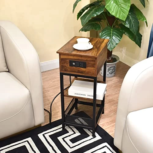 SZLHANJZ Bedroom Nightstand, Narrow Nightstand With Charging Station, Slide Open Small Side Table 3-Tier, Wood And Metal End Table With Drawer And Storage For Small Space Living Room Dorm, Brown