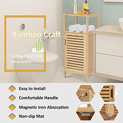 Kinbor Bamboo Bathroom Cabinet Floor Free Stand Storage Cabinet With Single Door Furniture Cabinet For Bathroom, Living Room, Bedroom - Image 4