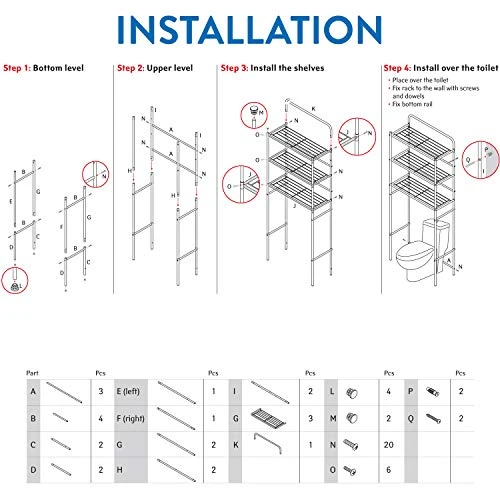 Tatkraft Tanken - Over The Toilet 3-Tier Shelf, Bathroom Space Saving Rack, 23.4 X 10.2 X 59.6 Inch. - Image 3