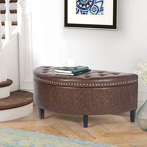 Homebeez 43.5" Half Moon Storage Ottoman Bench, Lift Top Faux Leather Storage Ottoman Bench For Bedroom Living Room (Light Brown) - Image 3