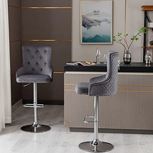 GOOLON Velvet Bar Stool Set Of 2 Lion Pull Ring Swivel Chair For Kitchen Counter Nailhead Upholstered Barstools Height Adjustable Barstools With Chrome Base For Dining Room Kitchen Gray - Image 6