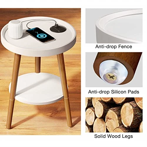 GREENSTELL End Table With Charging Station, Round Side Table With Storage Shelf, USB Ports And Anti-Drop Fence, 2-Tier Small Nightstand Sofa Table For Living Room, Bedroom White 15.0*15.0*20.4inches - Image 5