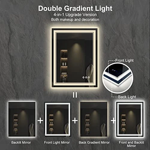 VanPokins LED Bathroom Mirror, 24x32 Inch Gradient Front And Backlit LED Mirror For Bathroom, 3 Colors Dimmable CRI>90 Double Lights, IP54 Enhanced Anti-Fog, Hanging Plates Wall Mount Lighted Mirror - Image 3