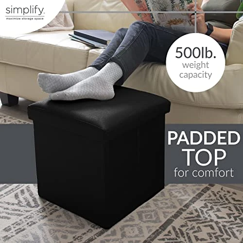 Simplify Folding Storage Ottoman, Toy Box Chest, Faux Leather,Tufted Padded Seating, Bench, Foot Rest, Stool, Single, Black - Image 7