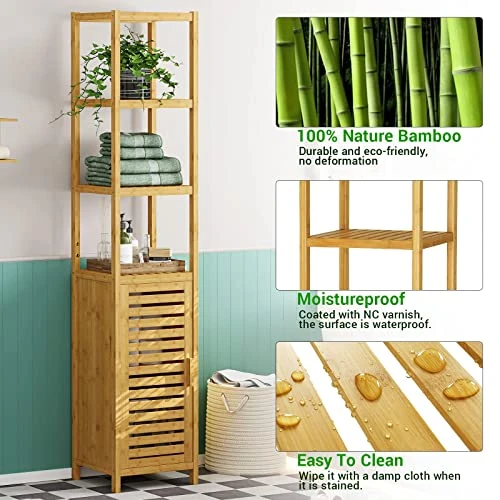 VIAGDO Bathroom Storage Cabinet, Tall Slim Cabinet With Shutter Door And 3 Tier Shelves, Freestanding Linen Tower Cabinet For Living Room, Kitchen, Bathroom Organizer, Natural Bamboo - Image 5