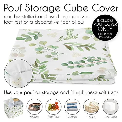 Sweet Jojo Designs Green Boho Floral Leaf Boy Girl Ottoman Pouf Cover Unstuffed Poof Floor Footstool Square Cube Pouffe Storage Baby Nursery Kids Room Sage White Bohemian Gender Neutral Watercolor - Image 5