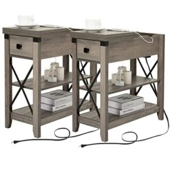 Awescuti Narrow End Table With Charging Station - Farmhouse Slim Side Table Set Of 2, With USB Ports Power Outlets, Nightstand With Flip Top Storage Drawer, For Small Spaces Living Room Bedroom, Gray