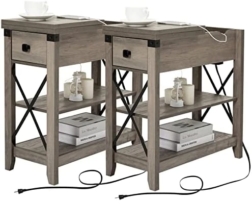 Awescuti Narrow End Table With Charging Station - Farmhouse Slim Side Table Set Of 2, With USB Ports Power Outlets, Nightstand With Flip Top Storage Drawer, For Small Spaces Living Room Bedroom, Gray - Image 6