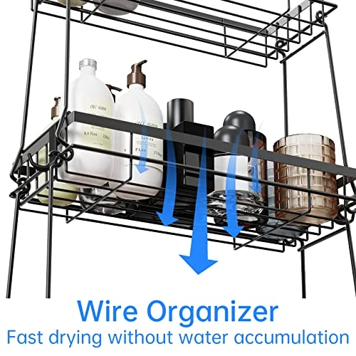 NiHome 3-Tier Metal Over-The-Toilet Bathroom Organizer With Hooks, Wall-Mounted Space-Saving Design, No-Drill Installation, Easy Assembly - Black - Image 4