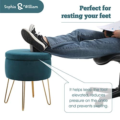 Sophia & William Round Storage Ottoman Footrest Stool With Removable Lid Side Table Seat Padded Velvet With Gold Metal Legs Upholstered Decorative Furniture For Living Room, Bedroom-Teal - Image 2