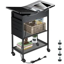 Slim Side Table With USB Ports And Outlets, Narrow End Table With Storage Shelf And Bag For Small Spaces 2 Sides Flip Top Nightstand With Charging Station Rolling Wheels For Living Room Bedroom Black