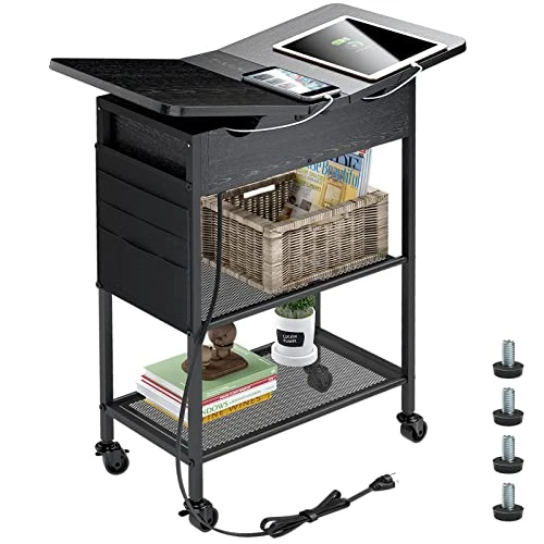 Slim Side Table With USB Ports And Outlets, Narrow End Table With Storage Shelf And Bag For Small Spaces 2 Sides Flip Top Nightstand With Charging Station Rolling Wheels For Living Room Bedroom Black