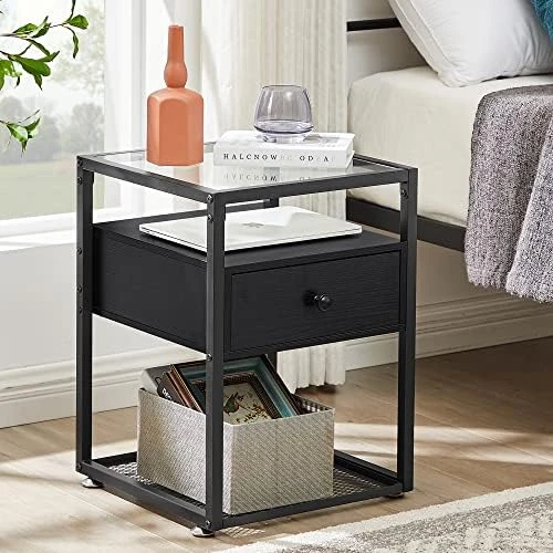 VECELO End Tables,Glass Top Nightstands With Drawer And Metal Frame,Set Of 2 For Living Room,Bedroom,Lounge,2 Set, Antique Brown - Image 6