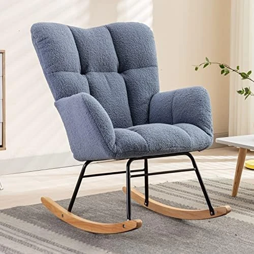 NIOIIKIT Nursery Rocking Chair Teddy Upholstered Glider Rocker Rocking Accent Chair Padded Seat With High Backrest Armchair Comfy Side Chair For Living Room Bedroom Offices (Ivory Teddy) - Image 11