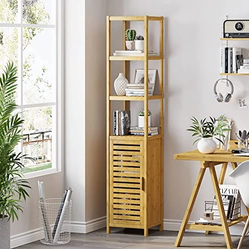 VIAGDO Bathroom Storage Cabinet, Tall Slim Cabinet With Shutter Door And 3 Tier Shelves, Freestanding Linen Tower Cabinet For Living Room, Kitchen, Bathroom Organizer, Natural Bamboo - Image 6