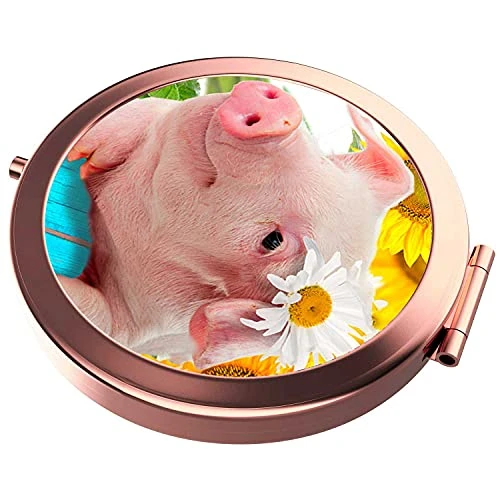 Pzicase Compact Mirror Round Rose Gold Makeup Mirror Folding Mini Pocket Mirror Portable Hand Mirror Double Sided With 2 X 1x Magnification For Woman Mother Kids Great Gift (Flower Pig) - Image 3
