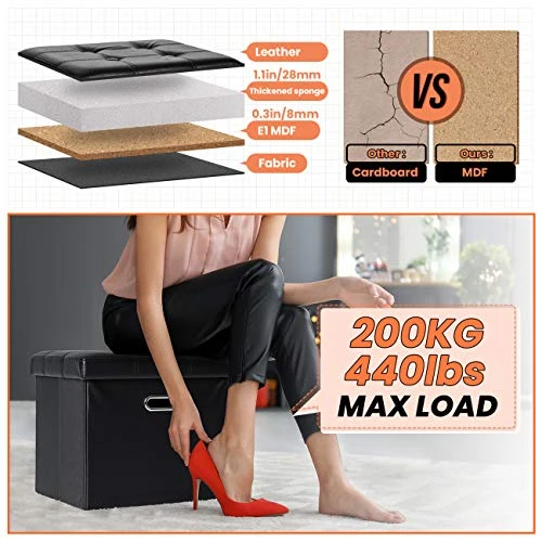 COSYLAND Ottoman With Storage Folding Leather Ottoman Footrest Foot Stool Black Ottoman For Room Small Rectangle Collapsible Bench Furniture With Handles Lid Toy Chest 17x13x13in - Image 2