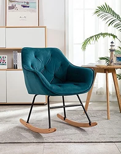 Compact Velvet Rocking Chair, Comfy Accent Rocker Chair For Babies Nursery, Upholstered Glider For Bedroom, Living Room (Teal) - Image 5
