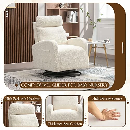 KINFFICT Modern Swivel Glider Chair, Upholstered Accent Glider Rocker For Baby Nursery, Comfy Tall Back Rocking Armchair With Side Pocket And Headrest For Living Room, Bedroom, White Teddy Fabric - Image 3