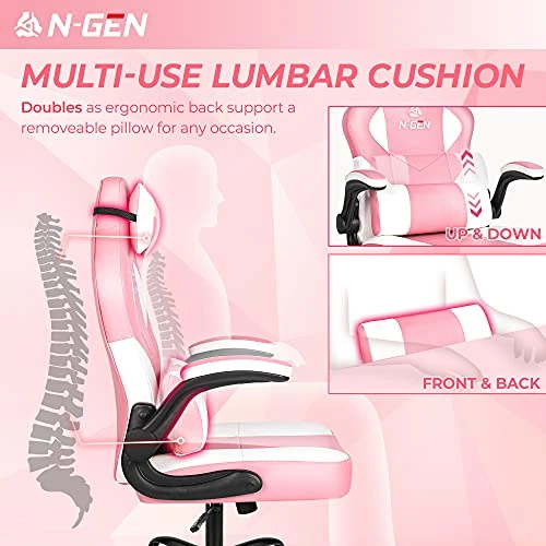 N-GEN Gaming Chair Ergonomic Office Chair PC Desk Chair With Lumbar Support Flip Up Arms Levelled Seat Style Headrest PU Leather Executive High Back Computer Chair For Adults Women Men (4. Peach Pink) - Image 4