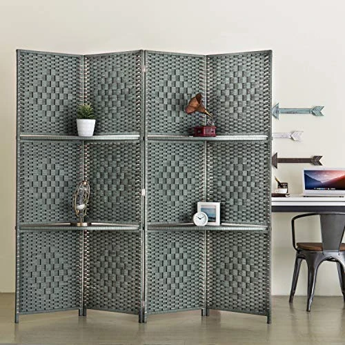 MyGift 6-Foot Gray Bamboo Woven 4-Panel Room Divider With 2 Shelves - Image 3
