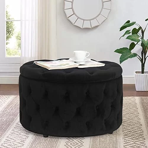 Homebeez Round Velvet Storage Ottoman Button-Tufted Footrest Stool Coffee Table For Living Room (Emerald Green) - Image 7