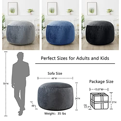 EDUJIN 4 Ft Bean Bag Chairs For Adults With Filling: 4' Large Memory Foam Filled Bean Bag Chairs For Teens,Ultra Soft Dutch Velvet Cover,Round Fluffy Lazy Sofa For Living Room - 4 Foot,Dark Gray - Image 4