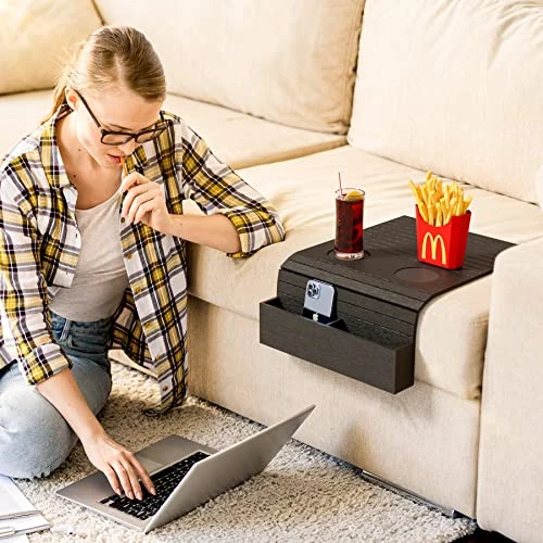 Semounva Bamboo Sofa Arm Tray With Pockets, Foldable Armrest Tray For Snack, Drinks, Phone, TV Remote, Flexible Couch Armrest Table Gift For Friends And Family (Black) - Image 2