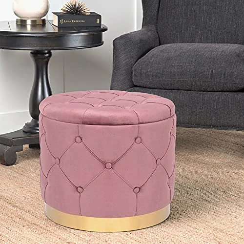 Homebeez 18.9" Round Velvet Storage Ottoman, Pre-Assembled Multi-Function Storage Vanity Stool, Button Tufted Accent Coffee Table With Golden Plate Base,Pink - Image 4