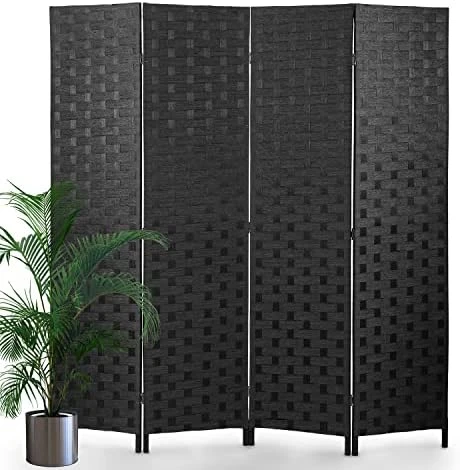 Room Divider,4 Panels 6FT Folding Privacy Screen Room Divider Wall Wood Mesh Hand-Woven Design Freestanding Partition Portable Wall For Home Office Bedroom(Black) - Image 7