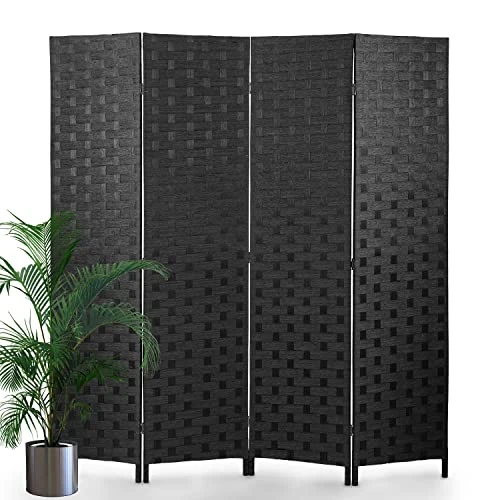 Room Divider,4 Panels 6FT Folding Privacy Screen Room Divider Wall Wood Mesh Hand-Woven Design Freestanding Partition Portable Wall For Home Office Bedroom(Black)